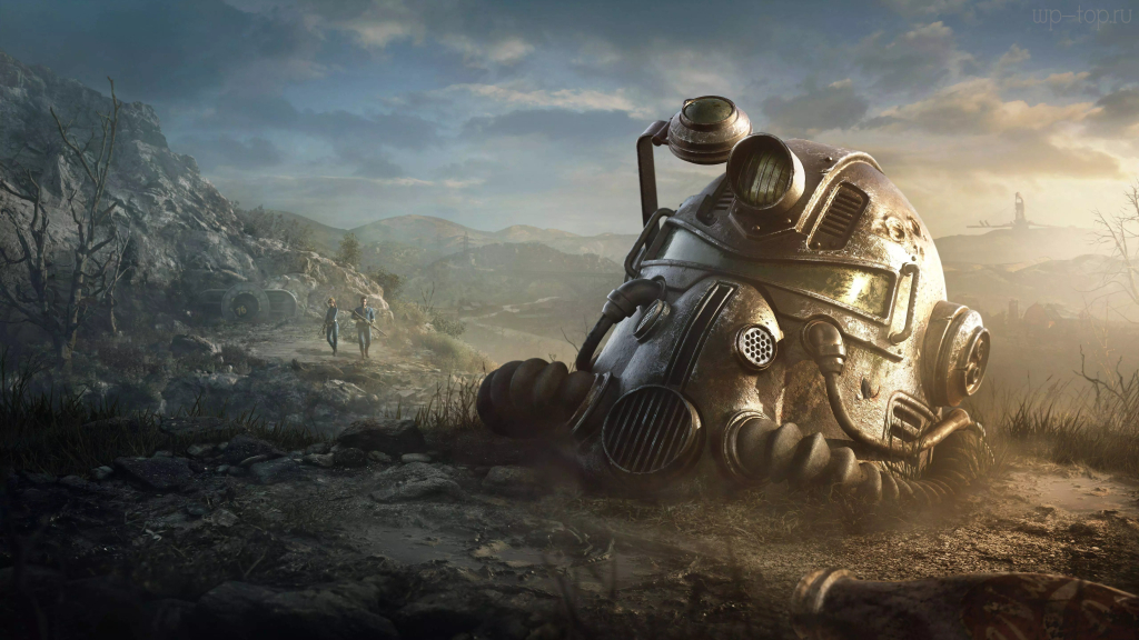 5120x2880 Fallout 76, Фаллаут, видеоигра, шлем, пейзаж, пустошь, постер обои