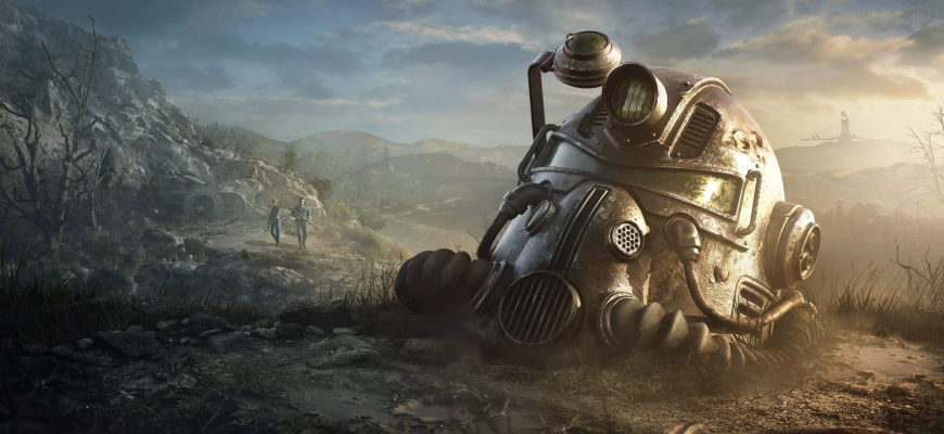 5120x2880 Fallout 76, Фаллаут, видеоигра, шлем, пейзаж, пустошь, постер обои
