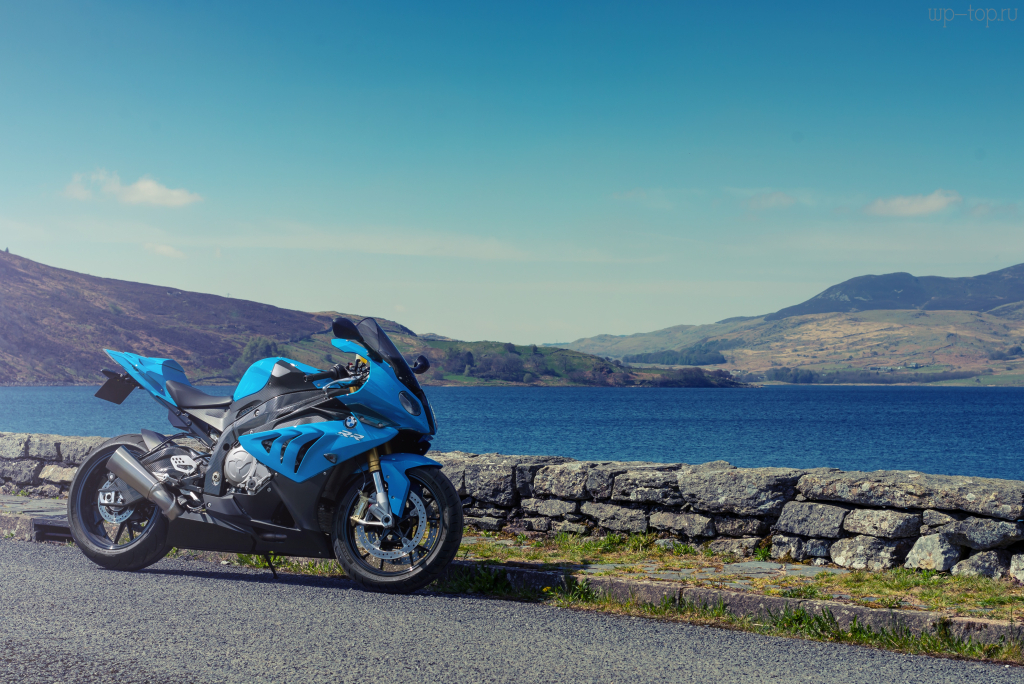 4000x2670 мото, байк, BMW, S1000 RR, спортбайк, синий, вид сбоку, море обои