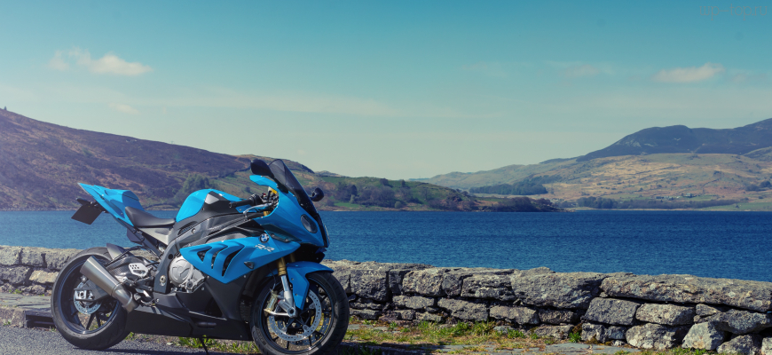 4000x2670 мото, байк, BMW, S1000 RR, спортбайк, синий, вид сбоку, море обои