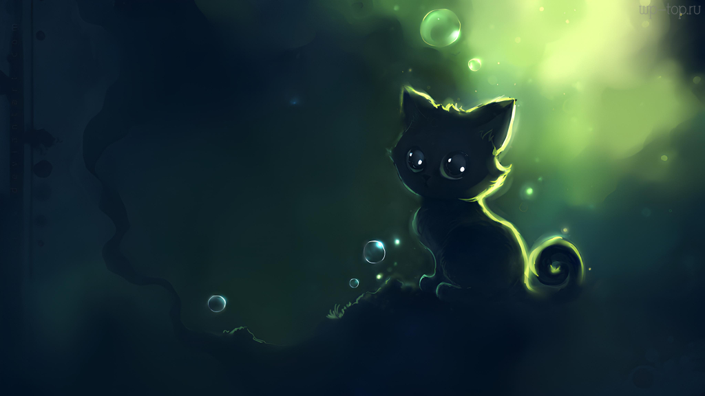4096x2304 кошка, котенок, рисунок, черный, пузыри, зелень, apofiss обои