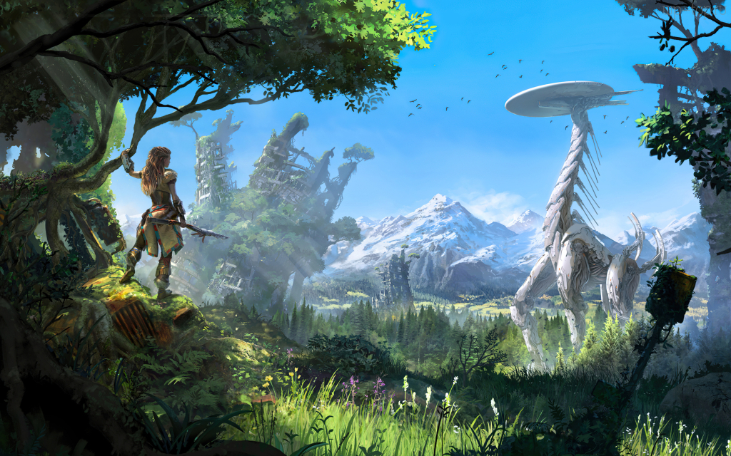 3840x2400 Horizon Zero Dawn, видеоигра, монстр, зелень, лес, трава, горы, девушка обои