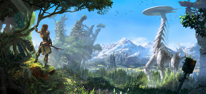 3840x2400 Horizon Zero Dawn, видеоигра, монстр, зелень, лес, трава, горы, девушка обои