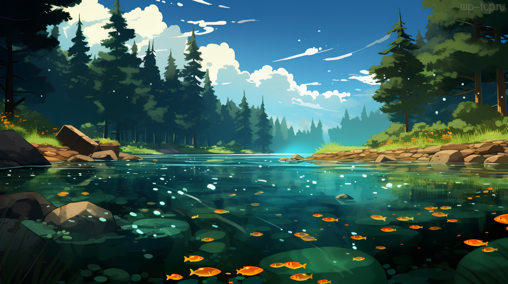 48010x2688 вода, прозрачность, река, рыбки, оранжевый, берег, лес, ель, аниме, Гибли, нейроарт, зелень, голубой обои