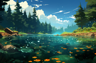 48010x2688 вода, прозрачность, река, рыбки, оранжевый, берег, лес, ель, аниме, Гибли, нейроарт, зелень, голубой обои