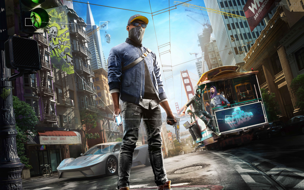 8000x5000 видеоигра, Watch Dogs 2, мужчина, трамвай, авто, машина, улица обои