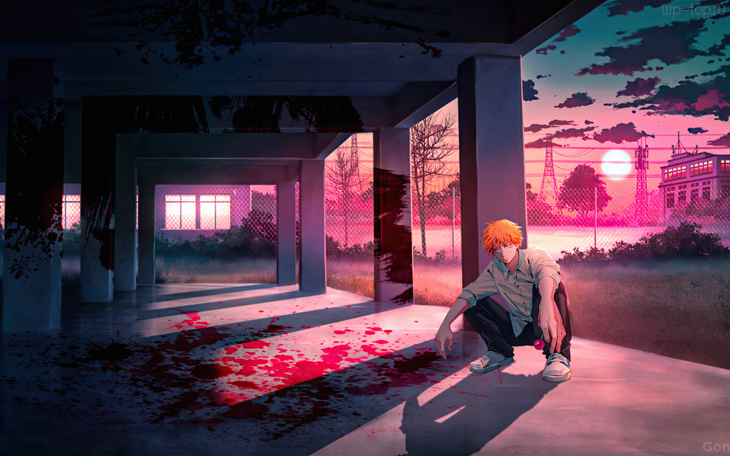 3840x2400 аниме, Человек-бензопила, Дэнджи, Denji, Chainsaw Man, парень, рыжий, закат, здание, кровь обои
