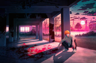 3840x2400 аниме, Человек-бензопила, Дэнджи, Denji, Chainsaw Man, парень, рыжий, закат, здание, кровь обои