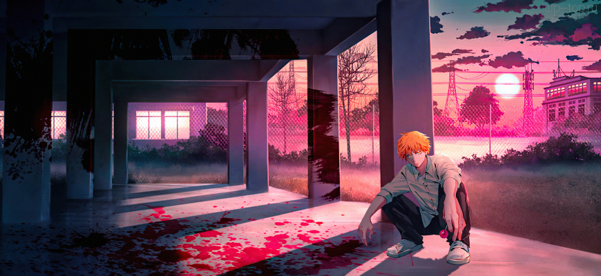 3840x2400 аниме, Человек-бензопила, Дэнджи, Denji, Chainsaw Man, парень, рыжий, закат, здание, кровь обои