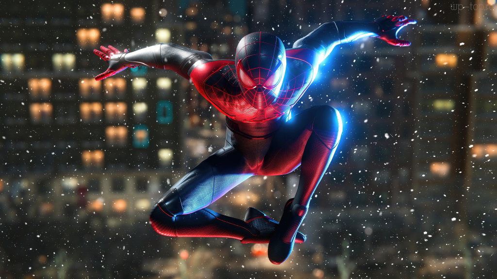 3840x2160 Человек-паук, человек паук, Майлз Моралез, Miles Morales, spider man, Spider-man, черный, красный, прыжок обои