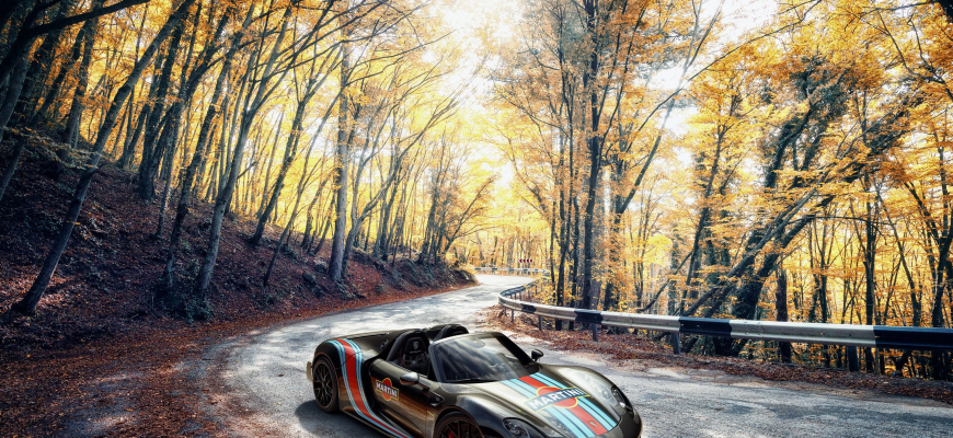 3840x2400 осень, авто, машина, car, Порше, Porsche, 918, черный, дорога, асфальт, деревья, желтый, листья, в движении обои