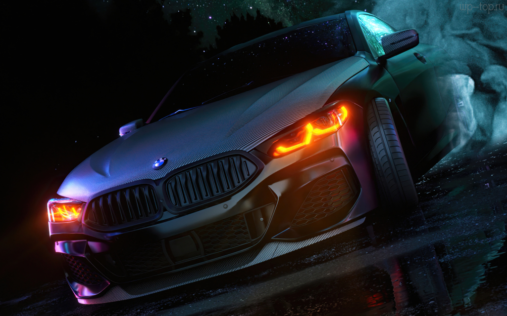 3840x2400 car, авто, машина, BMW, дым, неон, оранжевый, для мобильного обои